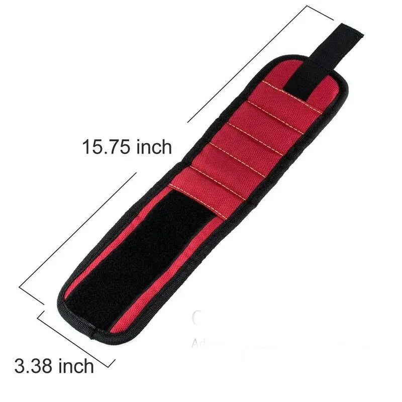 A black and red magnetic wristband tool holder for screws and nails, shown with dimensions.