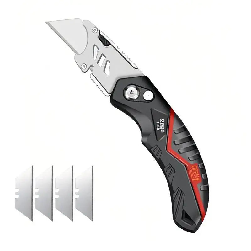 A folding utility knife with a silver blade and black handle featuring a red accent.