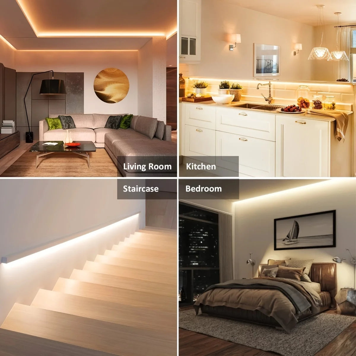 تصميم داخلي لغرفة معيشة ومطبخ ودرج وغرفة نوم، مضاء بإضاءة شرائط LED مرنة.