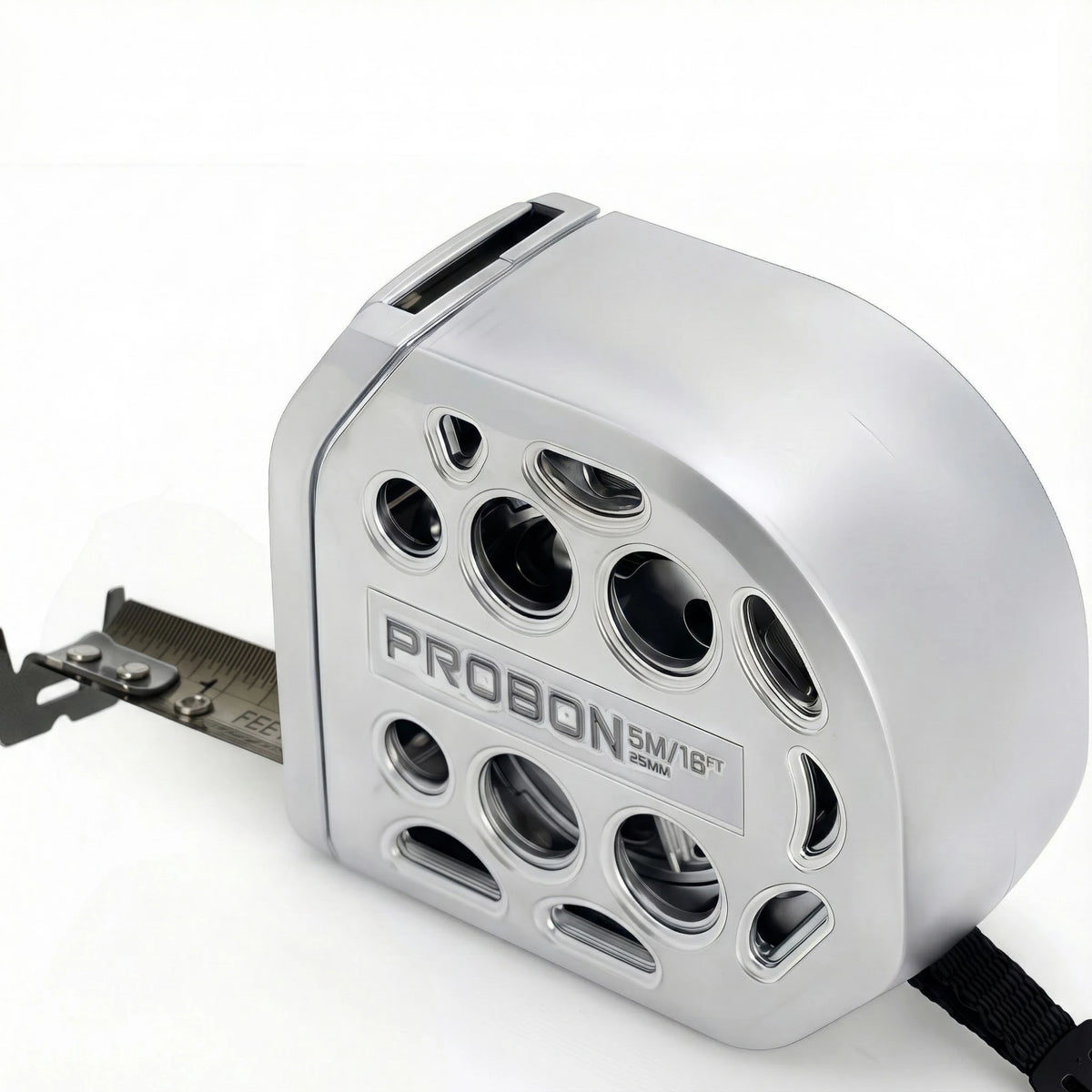 Silver Probon 5m/18ft metal auto lock measuring tape with a clamp visible.