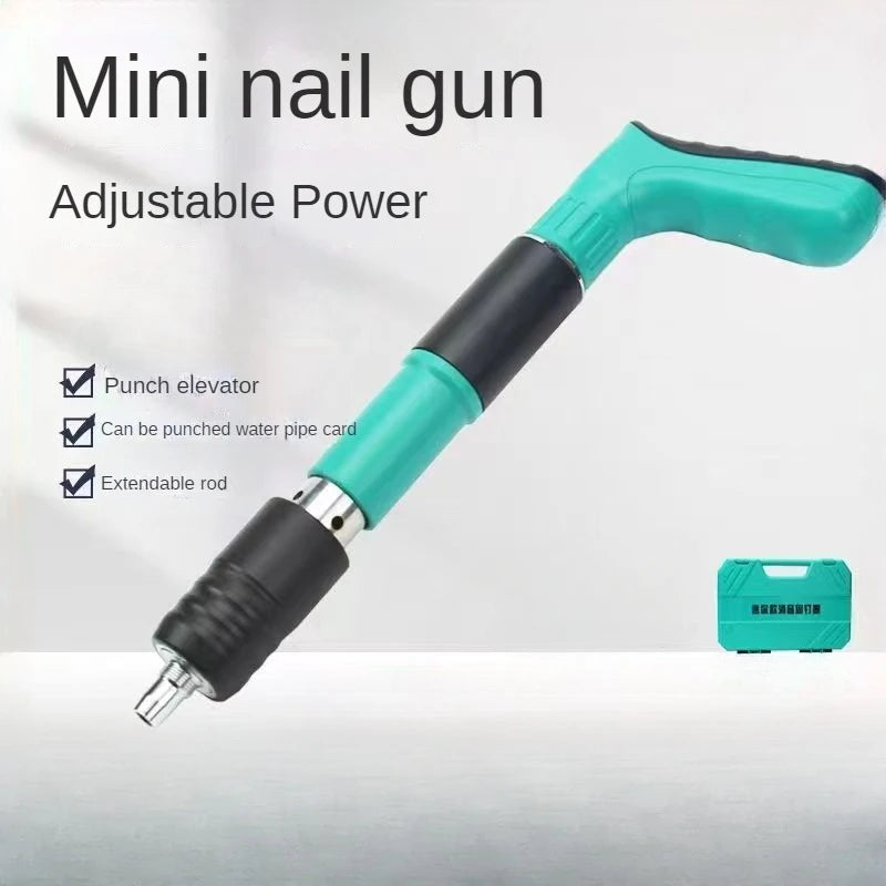 A teal mini nail gun with an adjustable power feature and an extendable rod is shown against a white background.