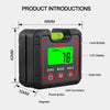 A black digital angle gauge or protractor leveler with an LCD display, level bubble, and various buttons.