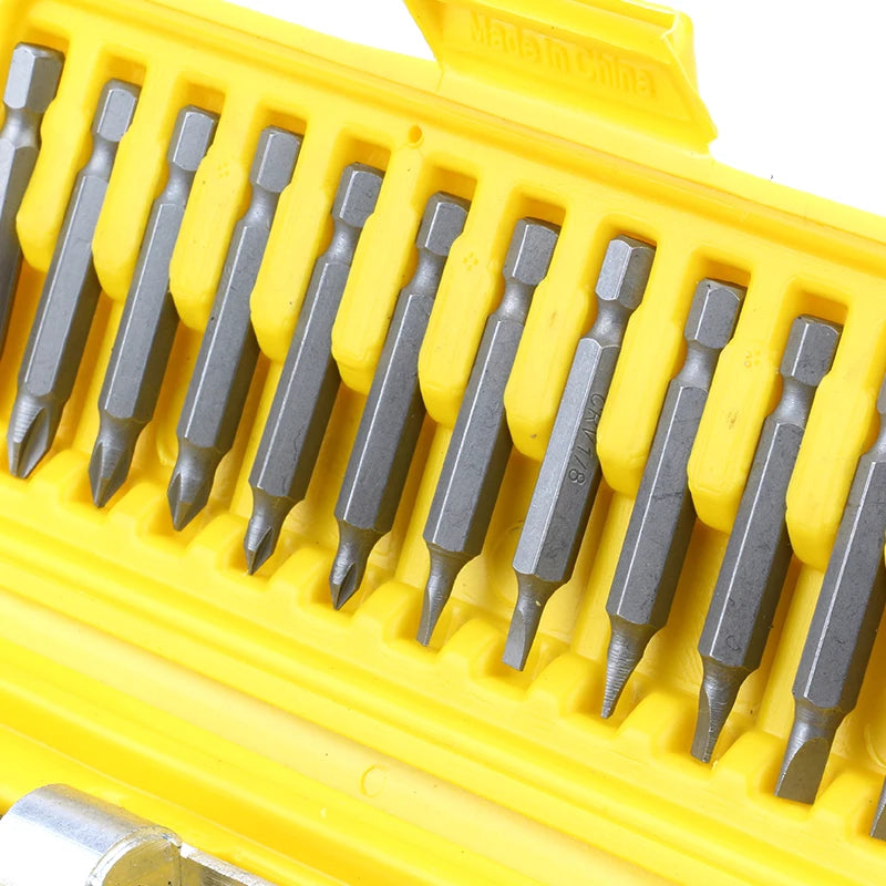 A yellow plastic case holding a set of metallic countersunk drill bits and screwdrivers.