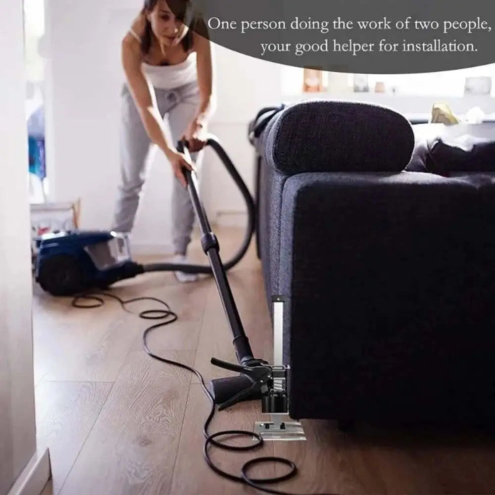 A person is using a precision furniture lifter and arm tile adjuster tool to assist with installation.