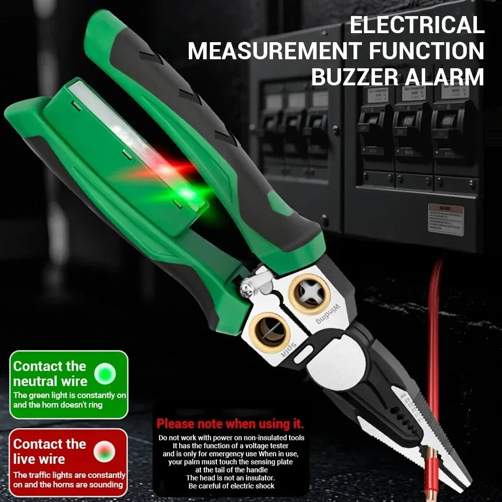 A green electrical measurement function buzzer alarm tool with a light and buzzer, used for testing wires.