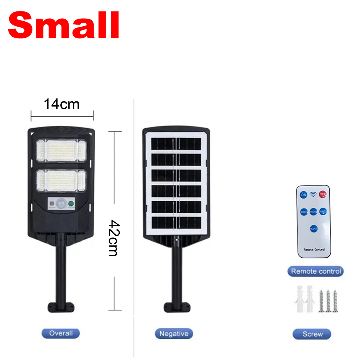 A small outdoor solar motion sensor LED light with a negative angle and remote control.