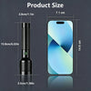 A black rechargeable LED flashlight next to a smartphone showing its size dimensions.