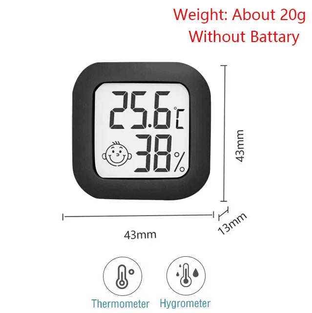 A black digital thermometer and hygrometer displaying 25.6°C and 38% humidity.
