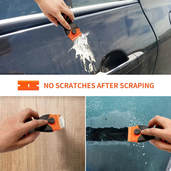Eine Hand verwendet eine scharfe Raspelklinge, um Aufkleber von einer Autoscheibe zu entfernen.