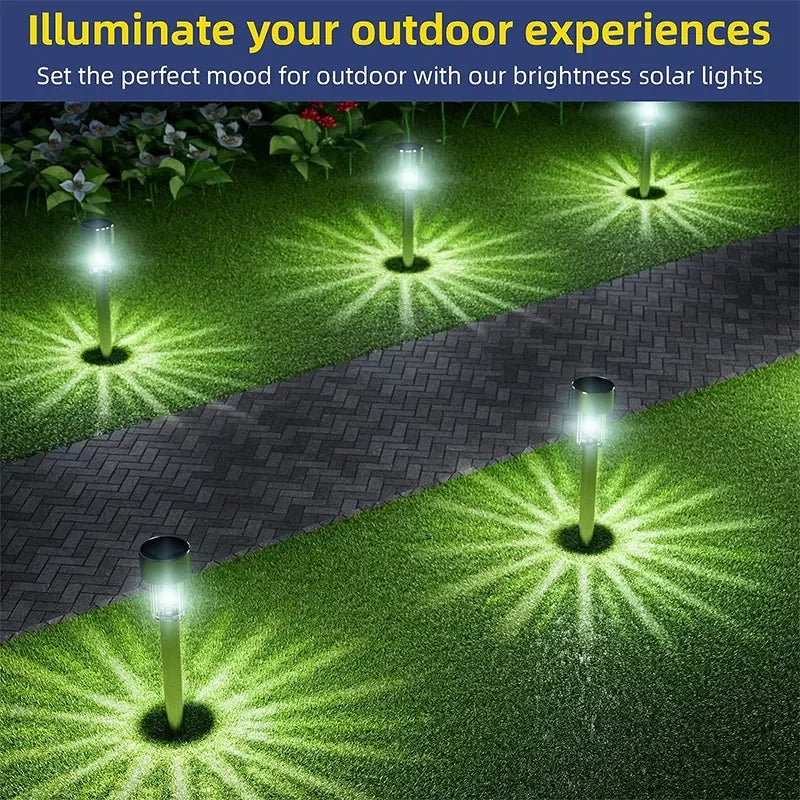Brightness solar garden path lights illuminating a green lawn and paved walkway at night