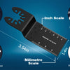 A multi-function oscillating cutting blade shown with inch and millimetre scales, featuring strong welding and hardened teeth