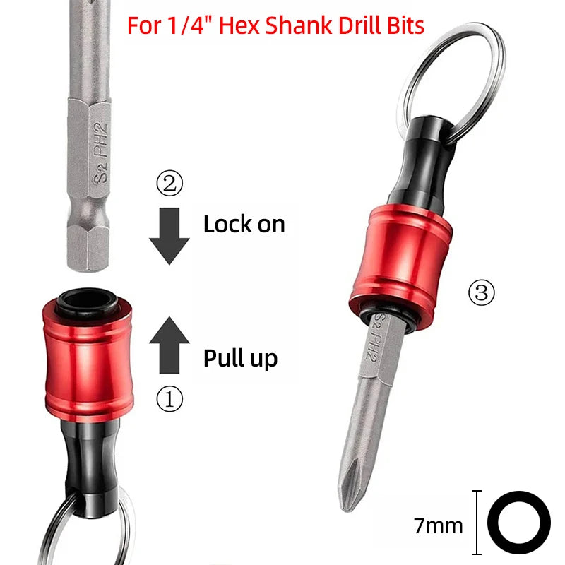A set of 1/4 inch hex shank drill bits and a screwdriver bit holder with a red and black finish.