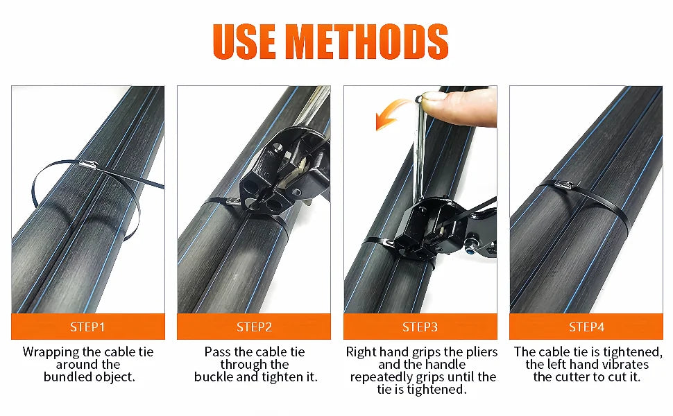 Four steps showing how to use heavy duty epoxy coated stainless steel cable ties for bundling objects.