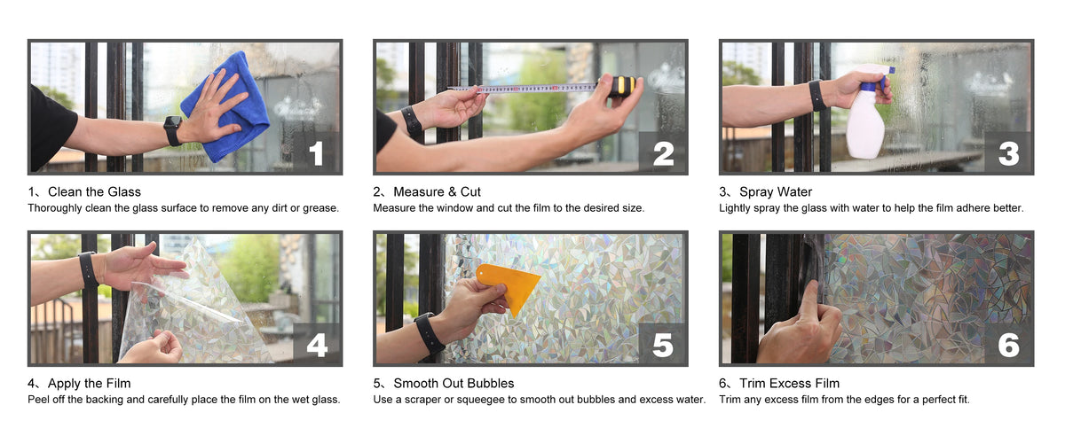 A six-step guide showing how to measure, cut, and apply 3D decorative window privacy film to a glass surface.