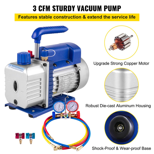 A blue and silver vacuum pump kit featuring a strong copper motor, die-cast aluminum housing, and shock-proof base.