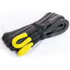 A coil of black heavy-duty nylon recovery tow rope with yellow markings.