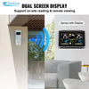 A dual screen display sensor with a digital weather monitor and clock is mounted on a wall.