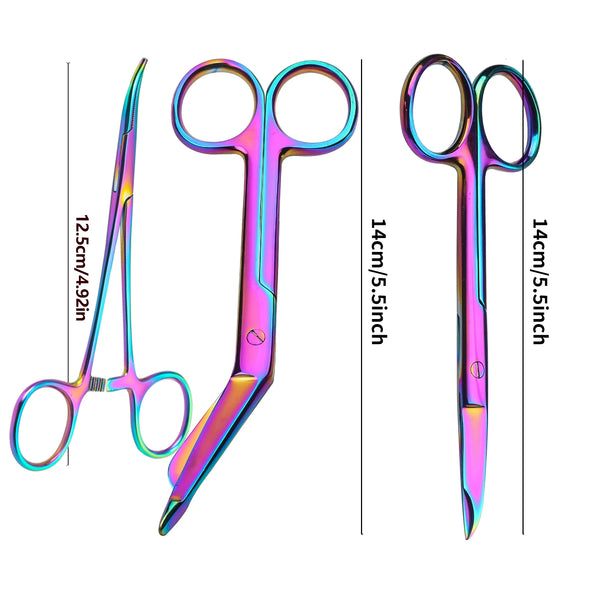 A pair of rainbow titanium suture removal scissors shown with dimensions 14cm and a 12.5cm scale.