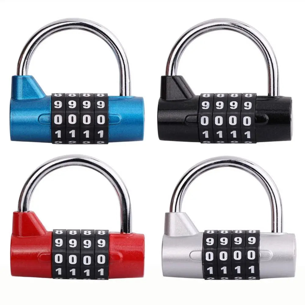 Three heavy duty weatherproof combination padlocks in blue, black, and red with silver shackle.