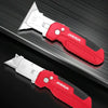 A red and silver Janhua precision deformity fold utility knife shown in a side view.