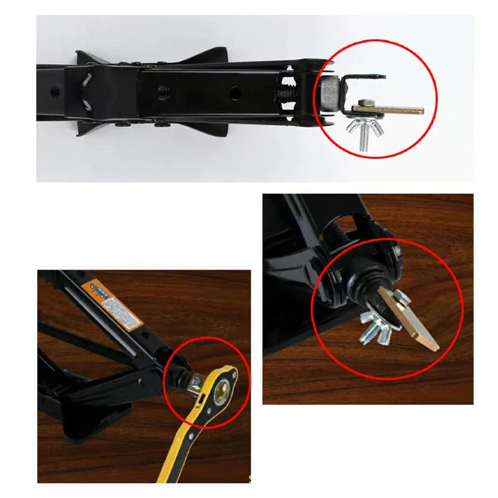 Close-up view of a heavy-duty car jack ratchet wrench set showing the tool and its components.