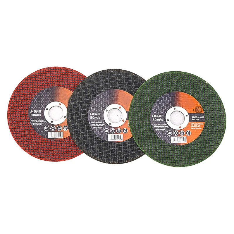 Three diamond cutting discs for grinders in red, black, and green colors.