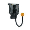 Black heavy-duty tool belt hook and holster for cordless drills with a yellow spherical end.