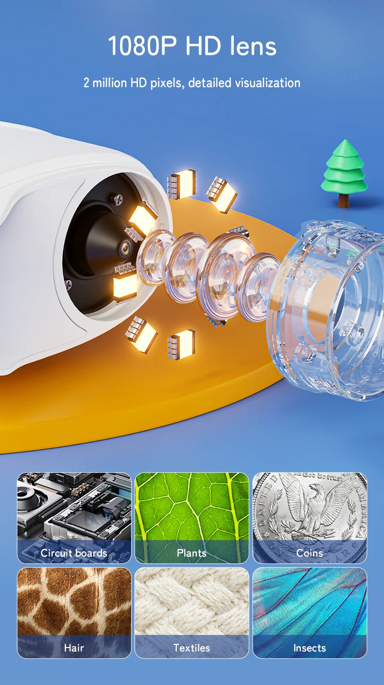 A 1080P HD lens system for a digital microscope, showing various magnified subjects like circuit boards, plants, coins, hair,