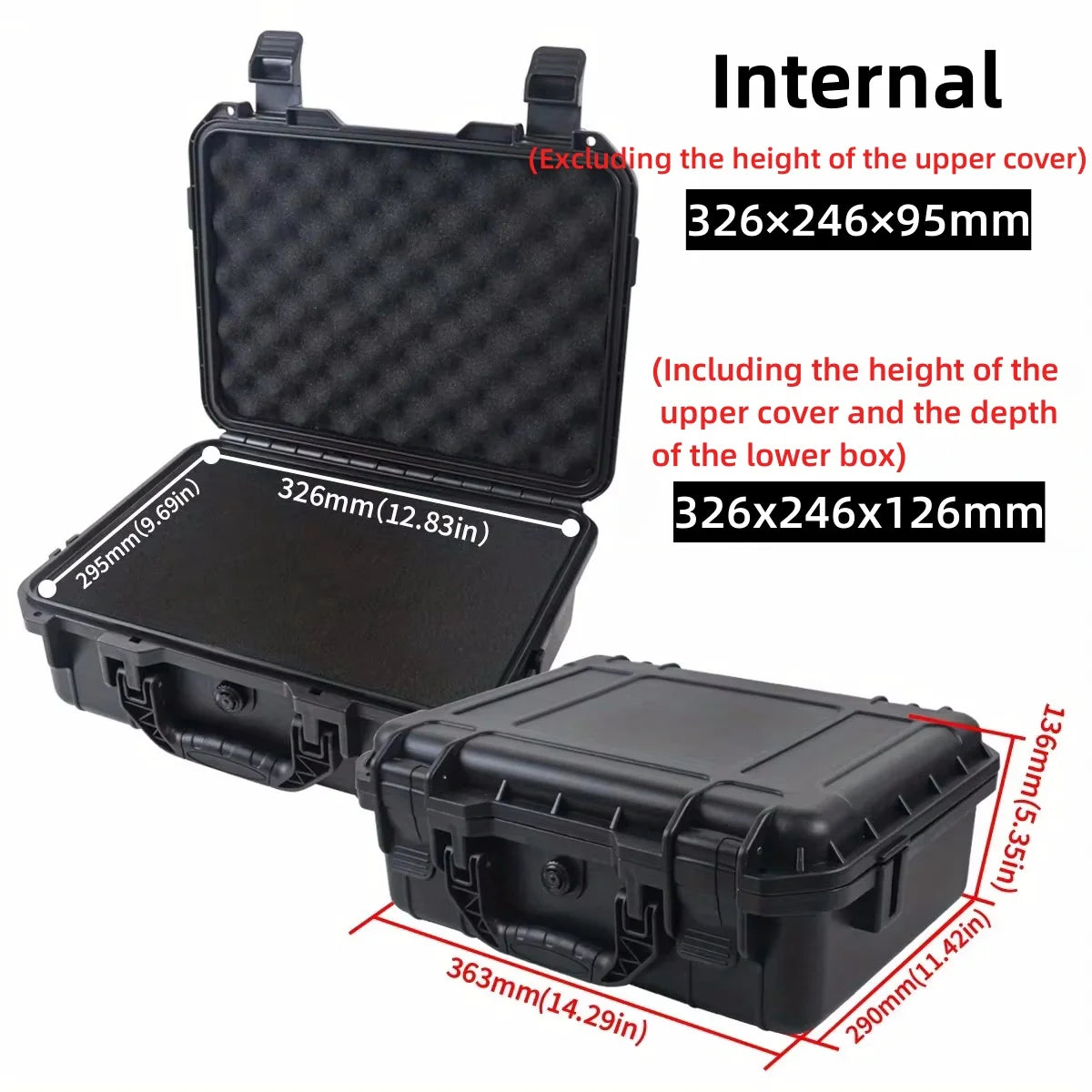 Black waterproof hard carry case for tool and sponge storage shown with internal and external dimensions.
