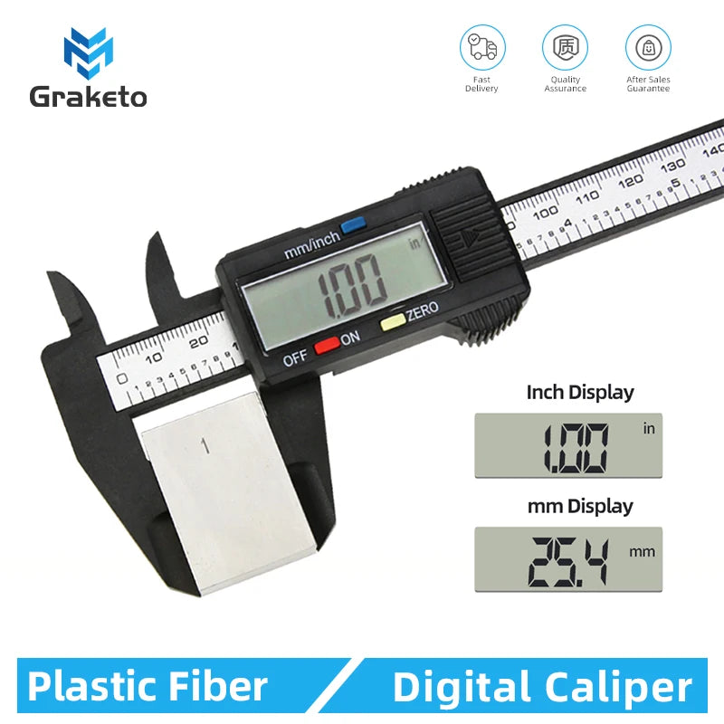 A black plastic fiber digital caliper with an inch and mm display is shown next to a measurement scale.