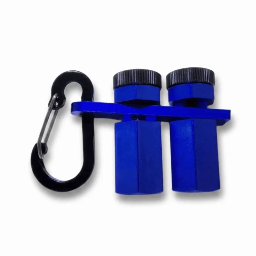 A blue precision stair gauge framing square with a black hook and two adjustable measuring components.