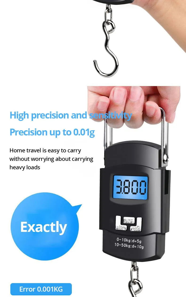 A black digital luggage scale with a precision hook is shown, displaying a weight of 3.800 and featuring error accuracy.