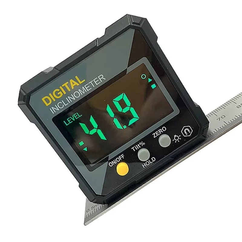 A digital inclinometer device with a dark gray casing displaying a level reading of 4.19 degrees.