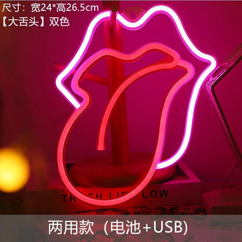Pink neon heart lip light decoration with a red stand and USB power option