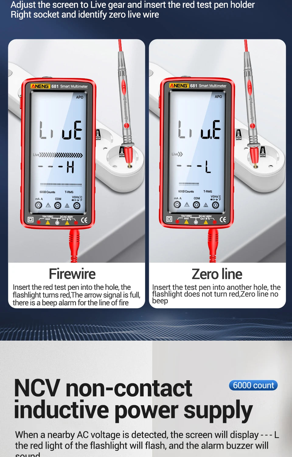 Digital multimeter demonstrating firewire and zero line testing functions.
