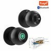 A black biometric fingerprint smart door lock with a brass cylinder and mounting plate.