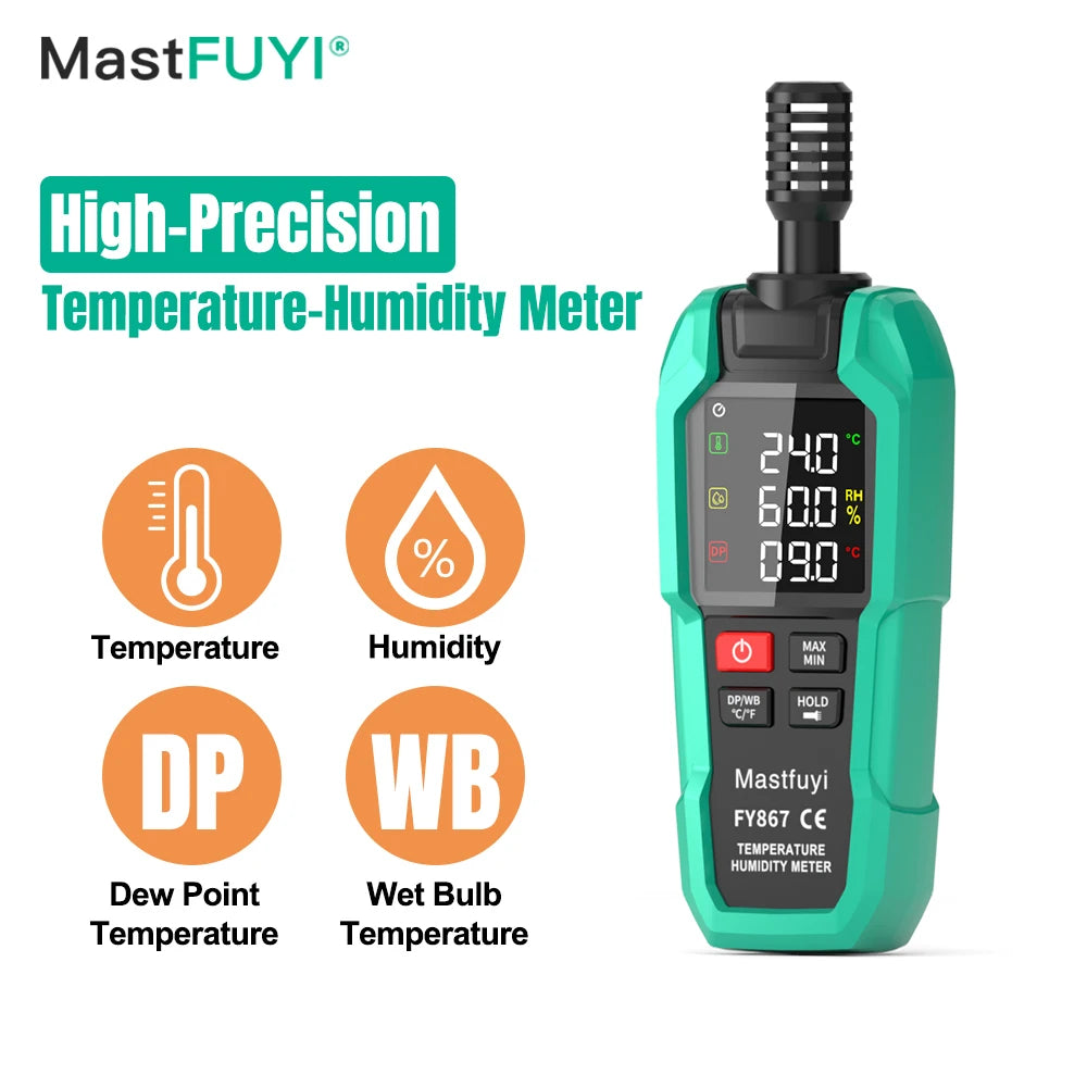 A green digital temperature-humidity meter labeled MastFUYI showing a display of 24.0°C and 60.0% RH
