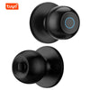 A black smart fingerprint electronic door lock with a round control mechanism.