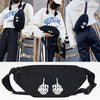 Black linen crossbody waist bag featuring white hand print designs