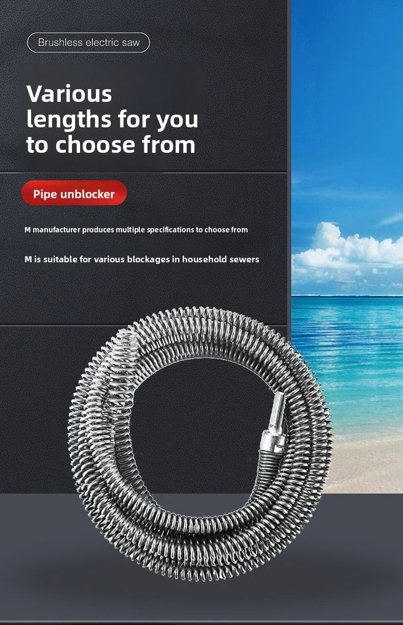 A coiled metal spring sewer cleaning tool is shown against a dark background.