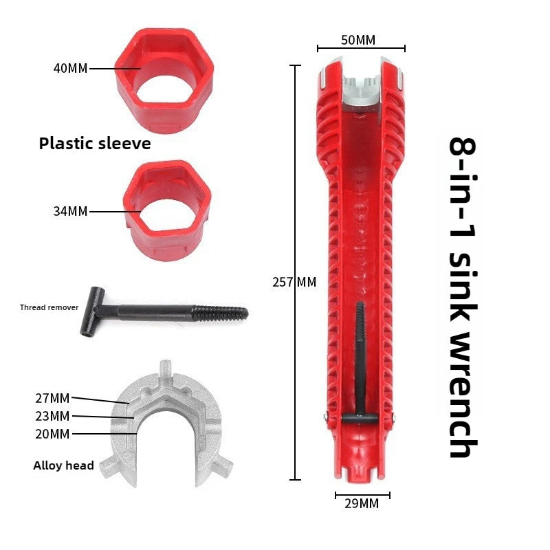 Set of 8-in-1 sink wrenches including a plastic sleeve, thread remover, and alloy head.