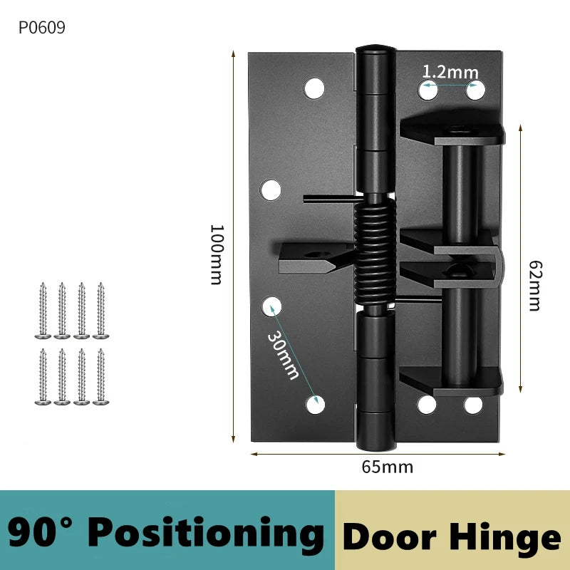 A black 90 degree positioning door hinge with adjustable mounting plates and a sliding mechanism.
