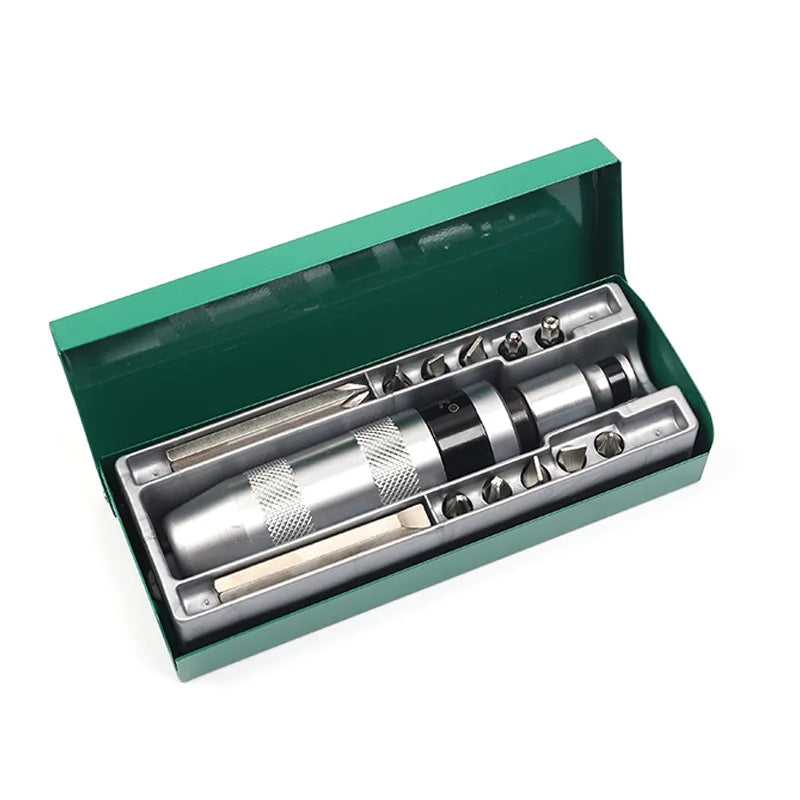 A precision impact screwdriver set is shown inside a green box with various screwdriver bits.