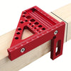 A red precision aluminum square protractor used for woodworking measurements.