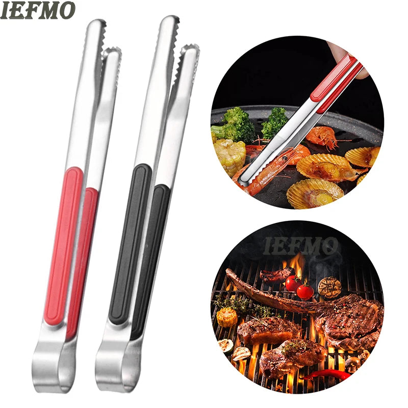 Stainless steel BBQ grill tongs and kitchen clips set shown with food items on a grill