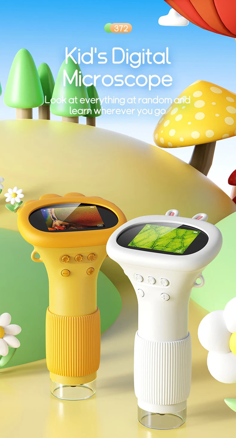 A yellow and white kid's digital microscope is shown next to a green tree, demonstrating its use for viewing small objects.