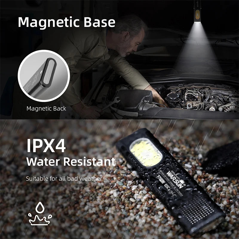A black WARSUN T7 LED rechargeable flashlight is shown being used in a car interior, highlighting its magnetic base and IPX4 