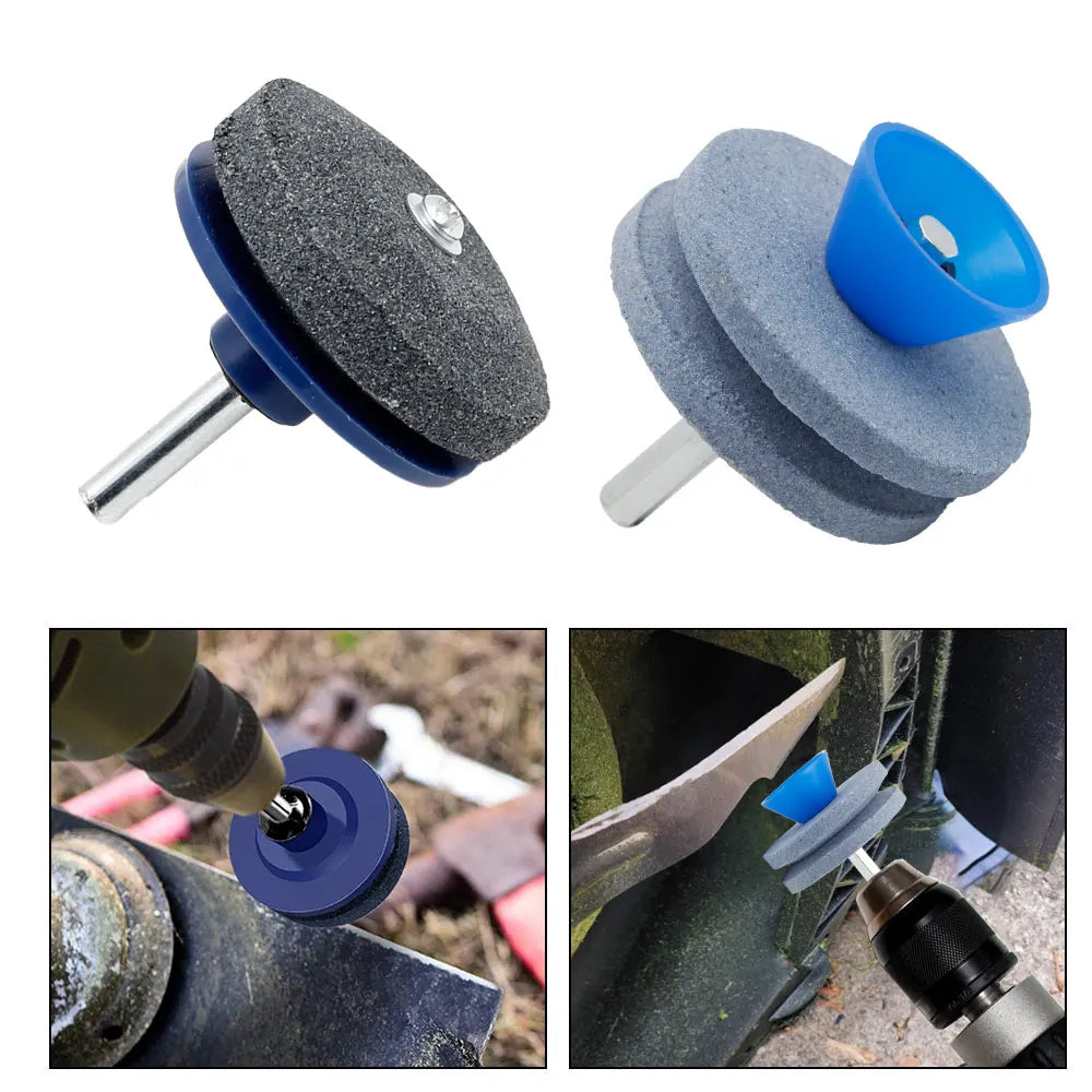 A blue and gray electric grinding stone for knife sharpening, shown in various angles.