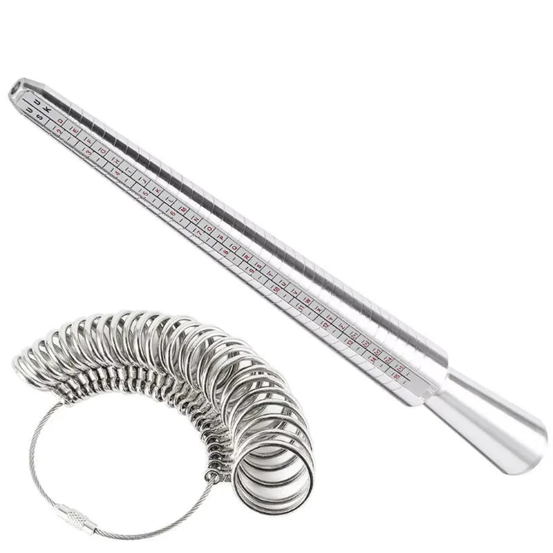 A precision metal ring sizer kit featuring a graduated metal rod and a coiled ring mandrel.