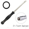 A silver spined tool with a black handle and a 21-teeth tip for carburetor adjustment.